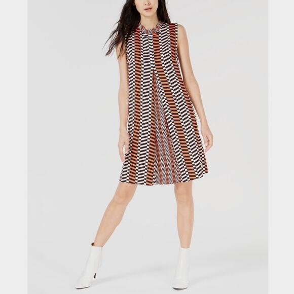 MARELLA Stripe Pleated A-Line Geometric Print Shift Silky Dress Black Orange | 8 - Picture 2 of 16
